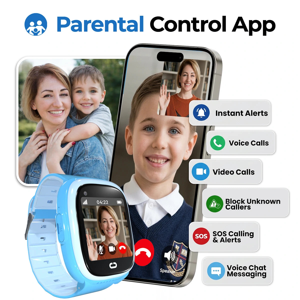 Emojikidz parental control app with kids smartwatch featuring video calling, alerts, and communication tools