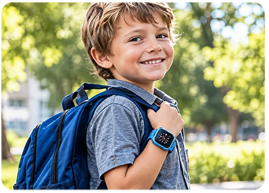 School-age child wearing an EmojiKidz GPS smartwatch, designed to support everyday independence, parent communication and safety while away from home.