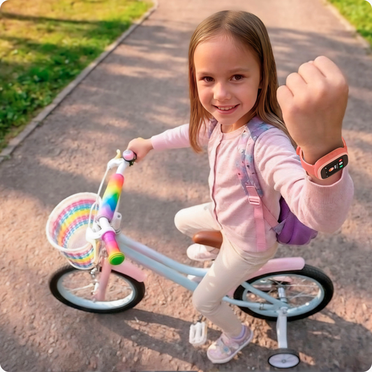 Young girl riding a bicycle while wearing a kids GPS smartwatch for live tracking, child safety, and parent communication