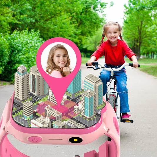Young girl riding a bike with pink GPS smartwatch showing live location tracking and real-time child safety monitoring
