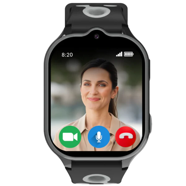 Model T black kids GPS smartwatch with HD video calling, parental controls, and secure child communication