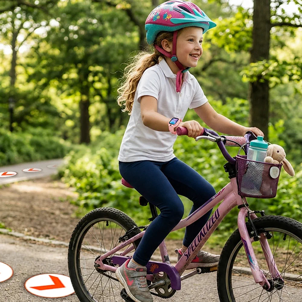A young boy and girl smiling and running home from school with backpacks on while wearing blue and pink Emojikidz Model R tracking smartwatches.