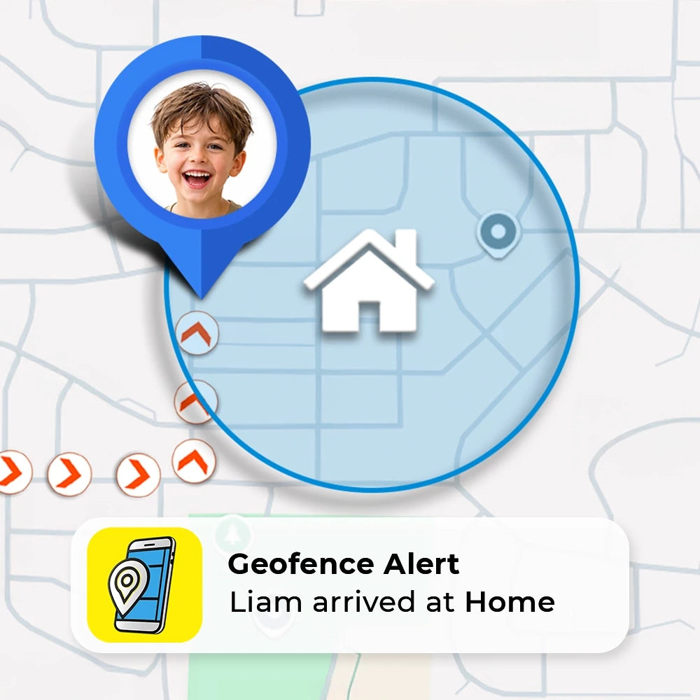 A simulated map interface showing preset geofencing boundaries for
automatic entry and exit location tracking, sending instant parent
monitoring notifications through the Monitor GPS App.