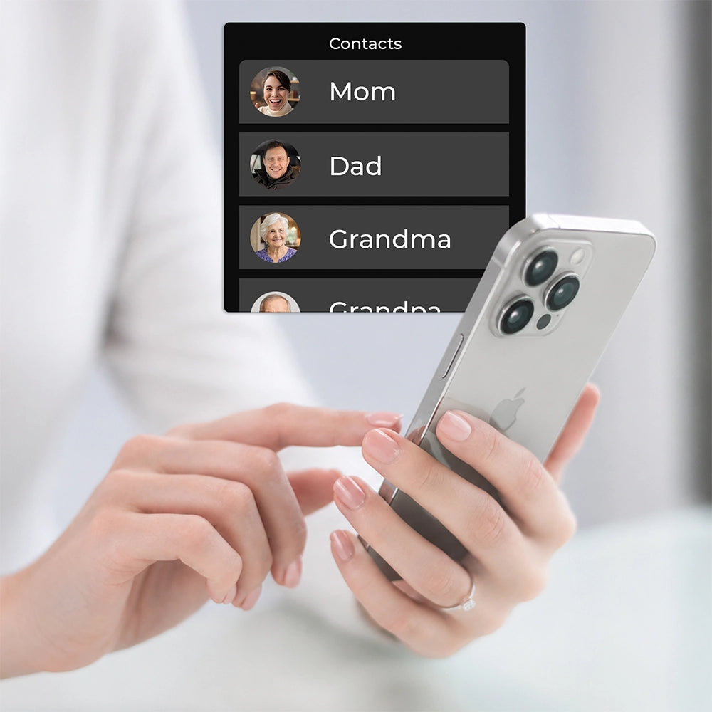  Parent management app setting secure contact whitelist on a smartphone, demonstrating how the Emojikidz smartwatch blocks all unapproved stranger phone calls, spam, and texts for kids ages 4-12.