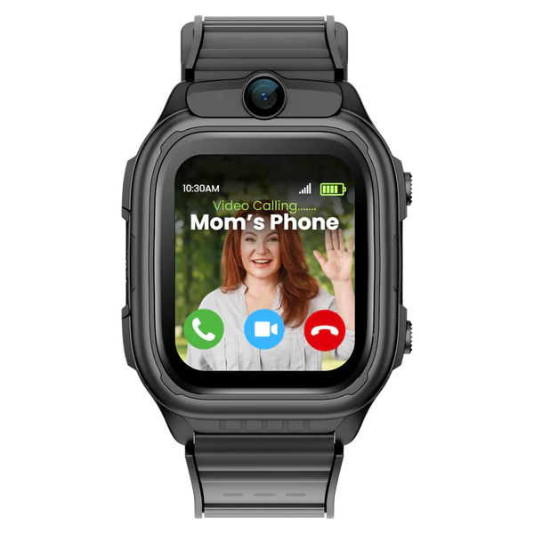 Black kids GPS smartwatch with video calling, parental controls, GPS tracking, SOS alerts, and safe communication features 