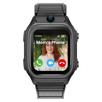 Black kids GPS smartwatch with video calling, parental controls, GPS tracking, SOS alerts, and safe communication features 