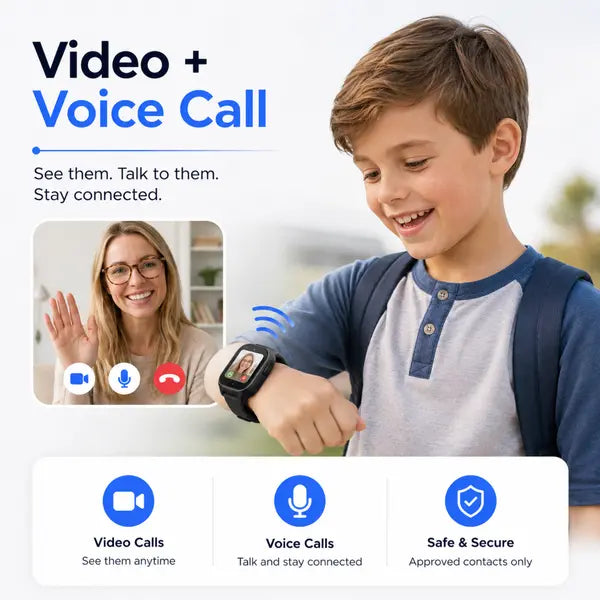 Young child using an EmojiKidz Model M smartwatch for a video call with a parent.