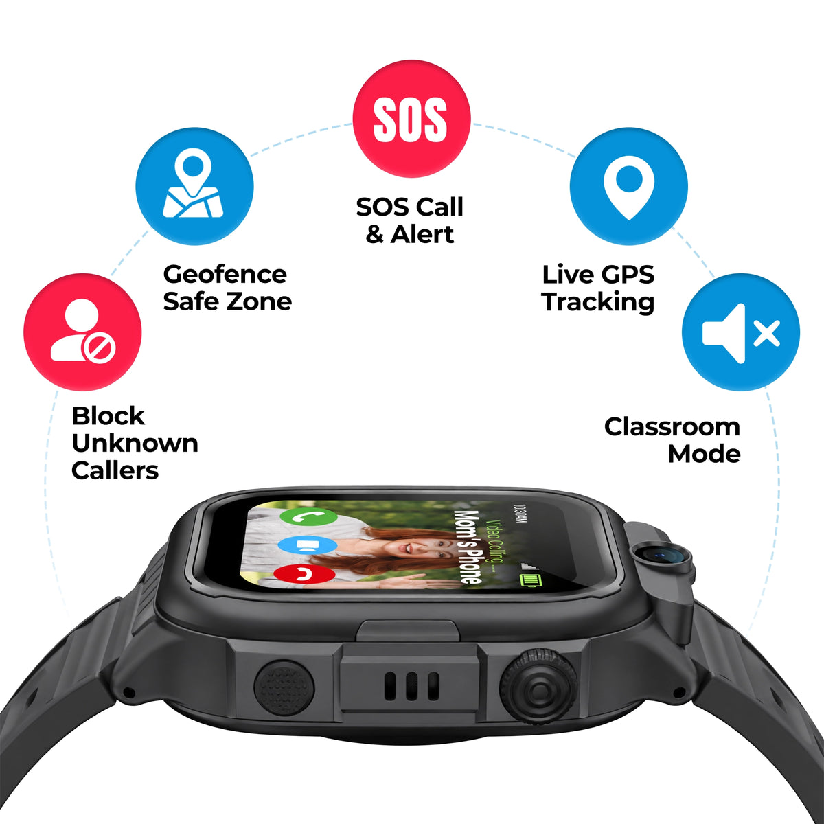 Black EmojiKidz Model R child tracking watch featuring live GPS location, geofence safe zones, SOS alerts, classroom mode and unknown caller blocking