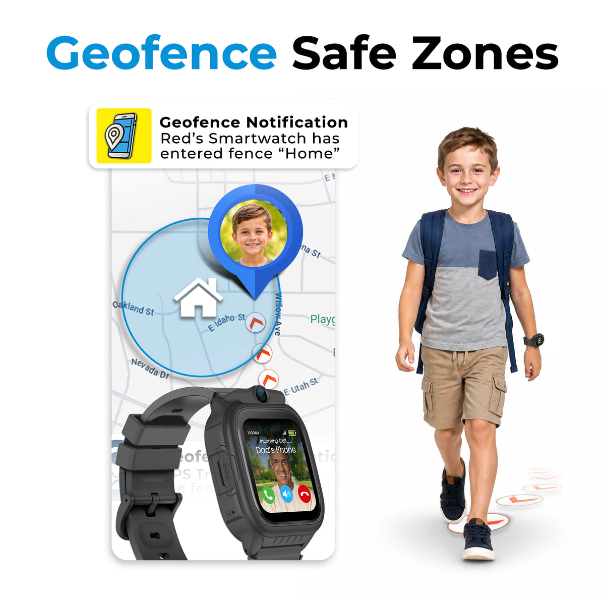 Black EmojiKidz Model R GPS smartwatch for kids showing geofence location safety with notifications when a child enters a designated safe zone