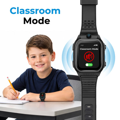 Black EmojiKidz Model R kids GPS watch with Classroom Silence Mode for parent-managed quiet use during school and learning hours