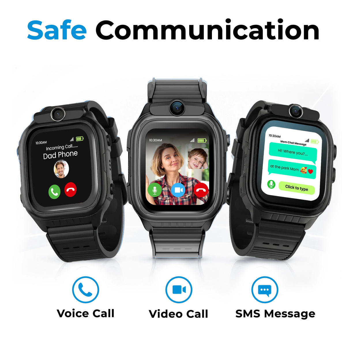 Black EmojiKidz Model R kids smartwatch with safe voice calling, video calls and SMS messaging for parent-managed communication