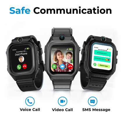 Black EmojiKidz Model R kids smartwatch with safe voice calling, video calls and SMS messaging for parent-managed communication