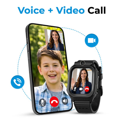 Black EmojiKidz Model R smartwatch phone for kids showing parent-managed voice and video calling for secure communication with approved contacts