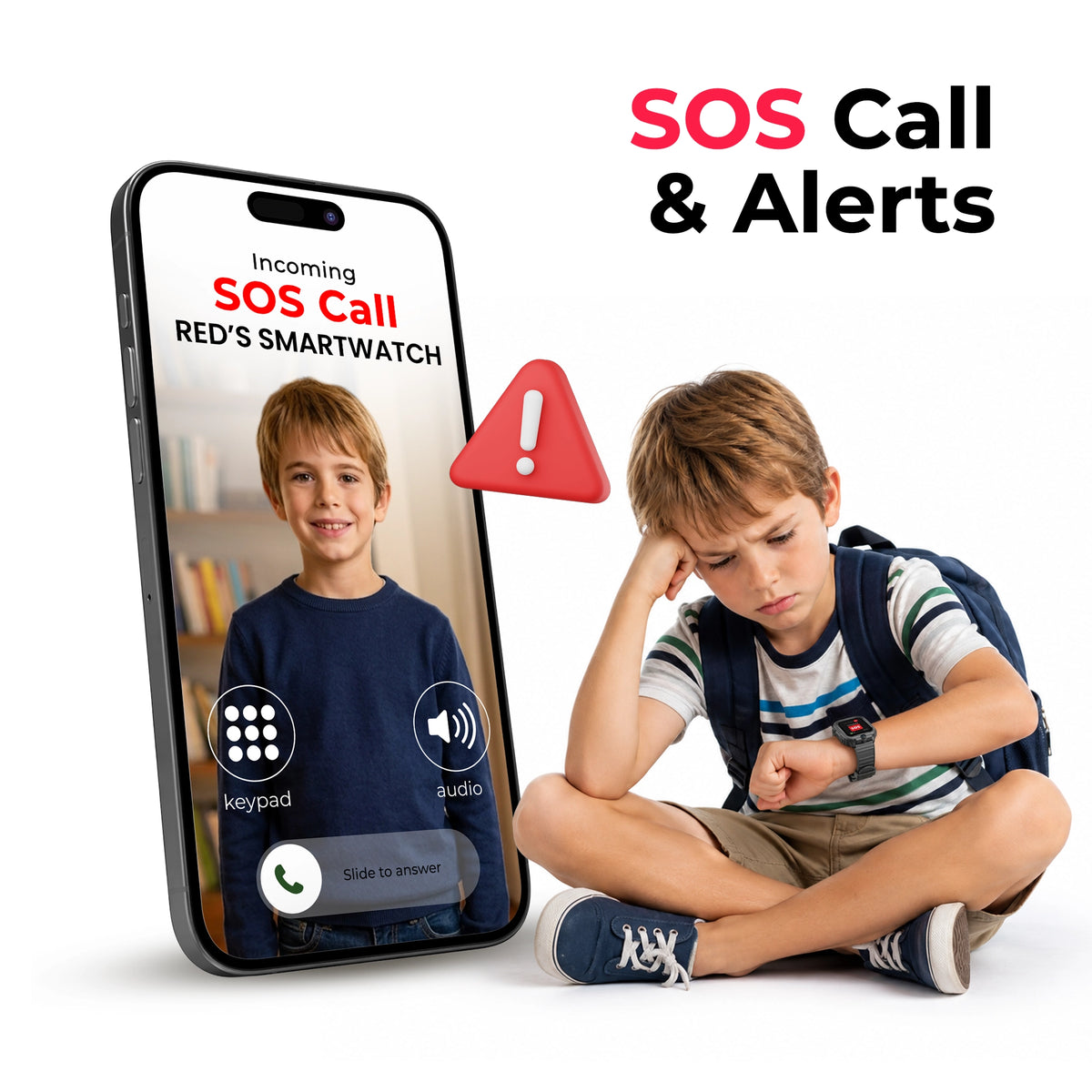 Black EmojiKidz Model R SOS smartwatch for kids showing emergency calling and safety alerts designed to quickly connect children with trusted contacts