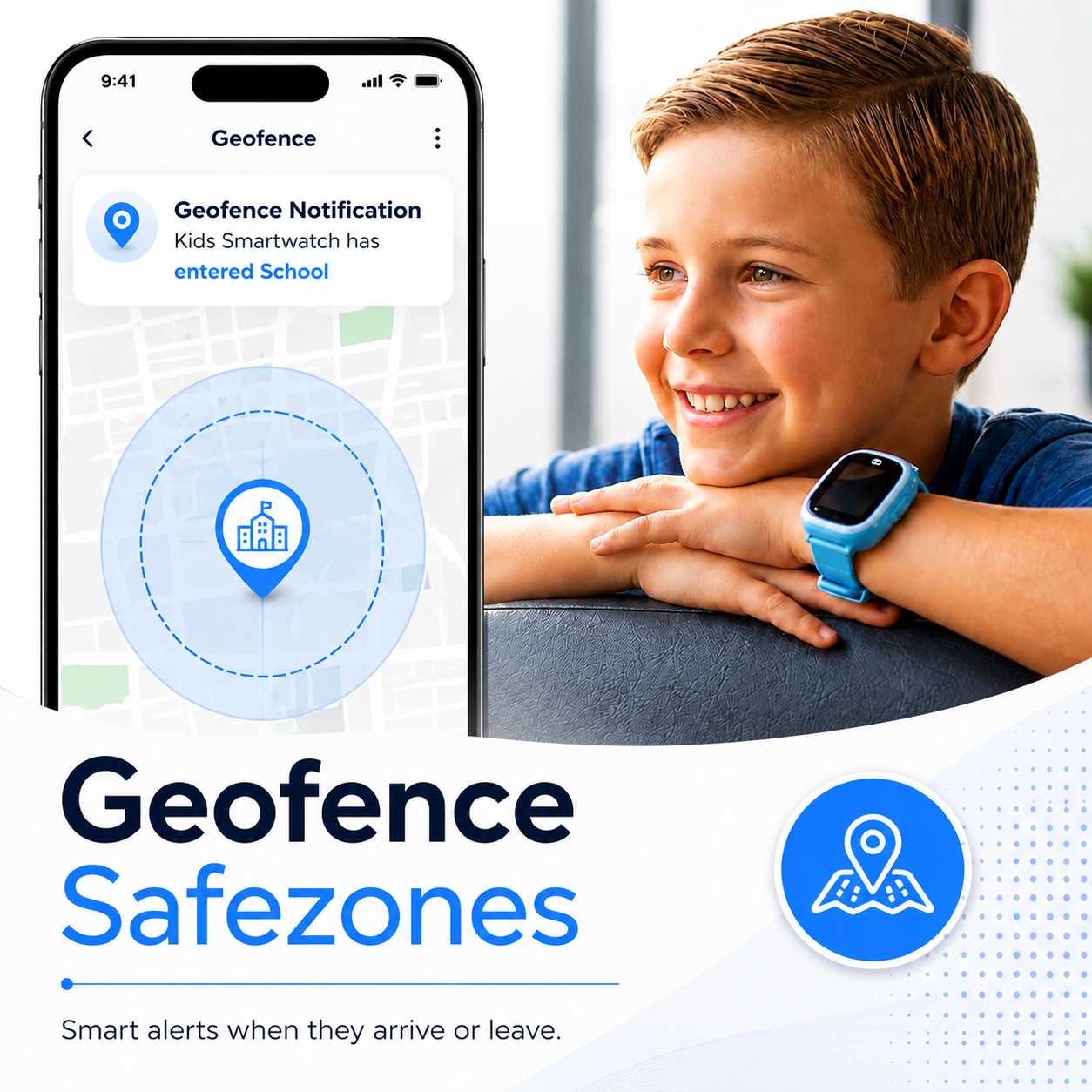 EmojiKidz kids GPS smartwatch with geofence safe zone alerts for school and location tracking