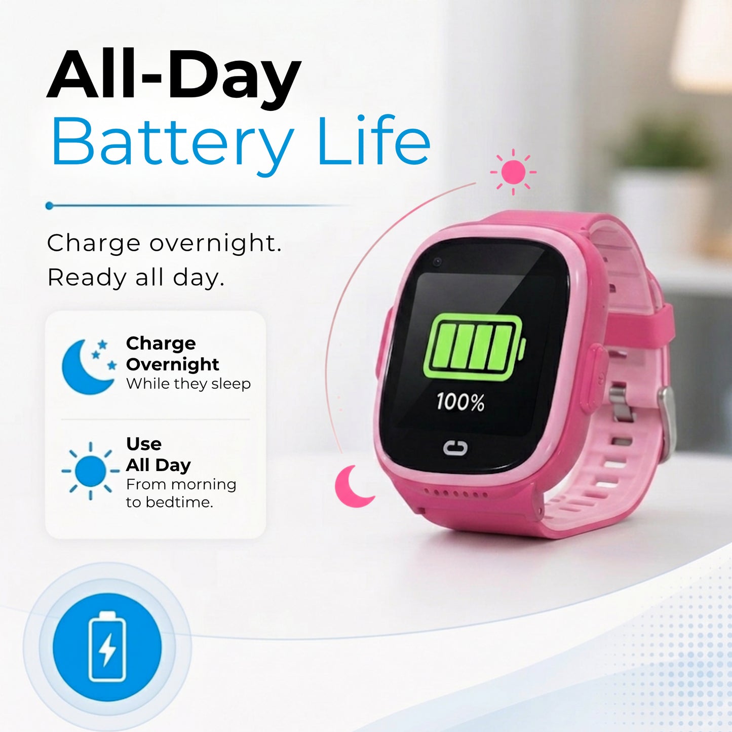 Pink EmojiKidz kids smartwatch with all-day battery life designed to charge overnight and use throughout the day.