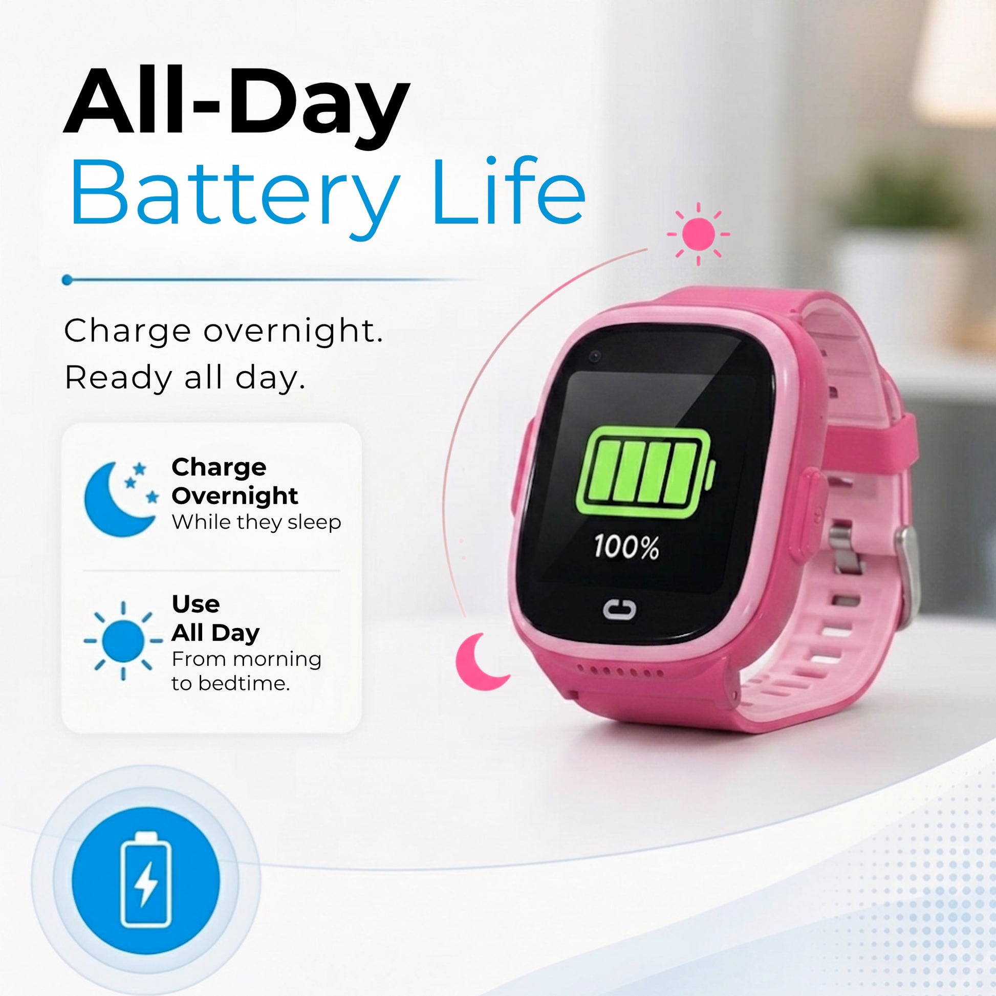 Pink EmojiKidz kids smartwatch with all-day battery life designed to charge overnight and use throughout the day.