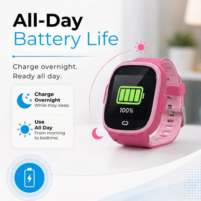 Pink EmojiKidz kids smartwatch with all-day battery life designed to charge overnight and use throughout the day.