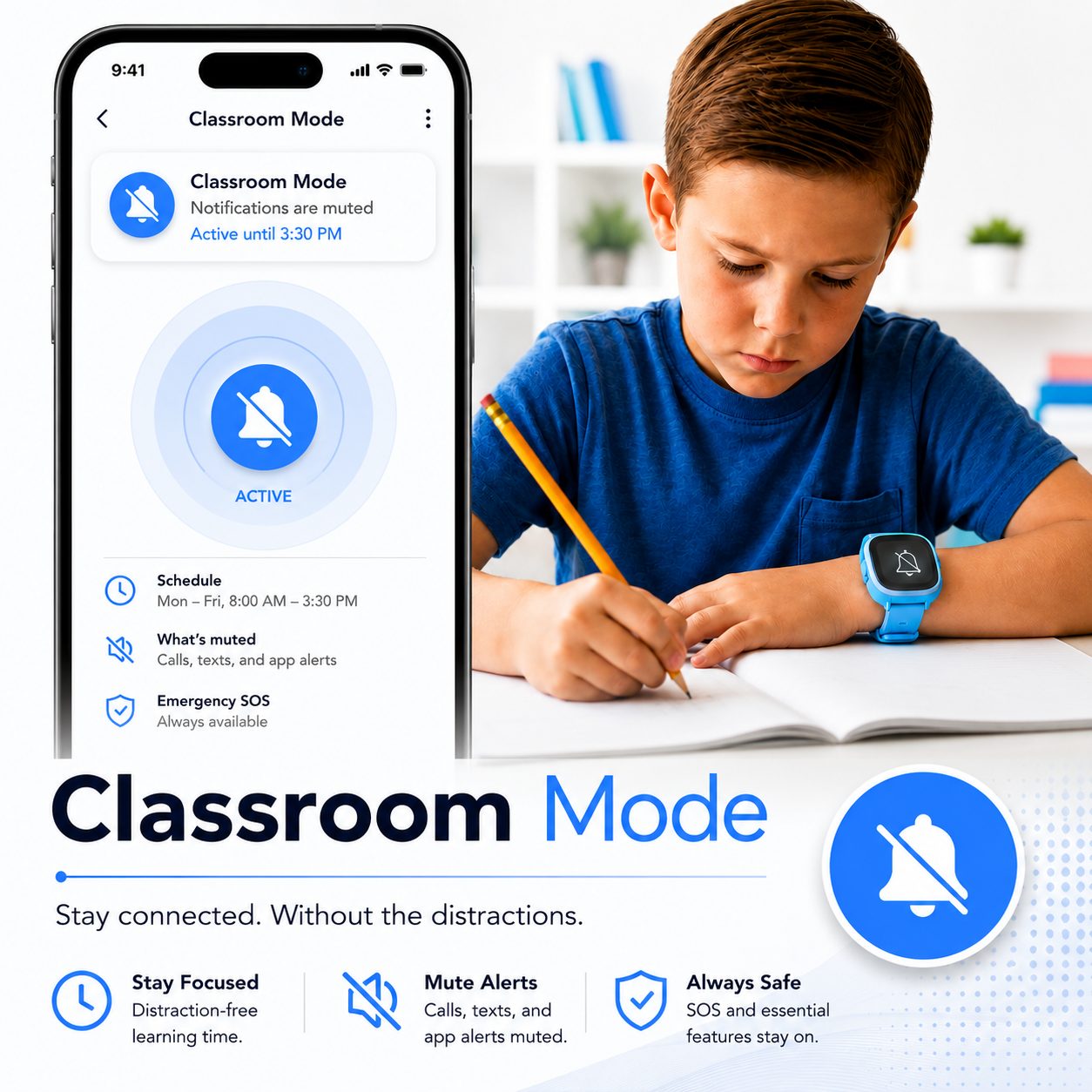 EmojiKidz kids smartwatch Classroom Mode with parental controls for distraction-free school hours