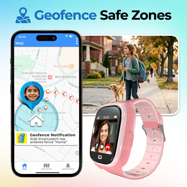 Emojikidz kids smartwatch geofence safe zone feature with GPS tracking and instant location notifications