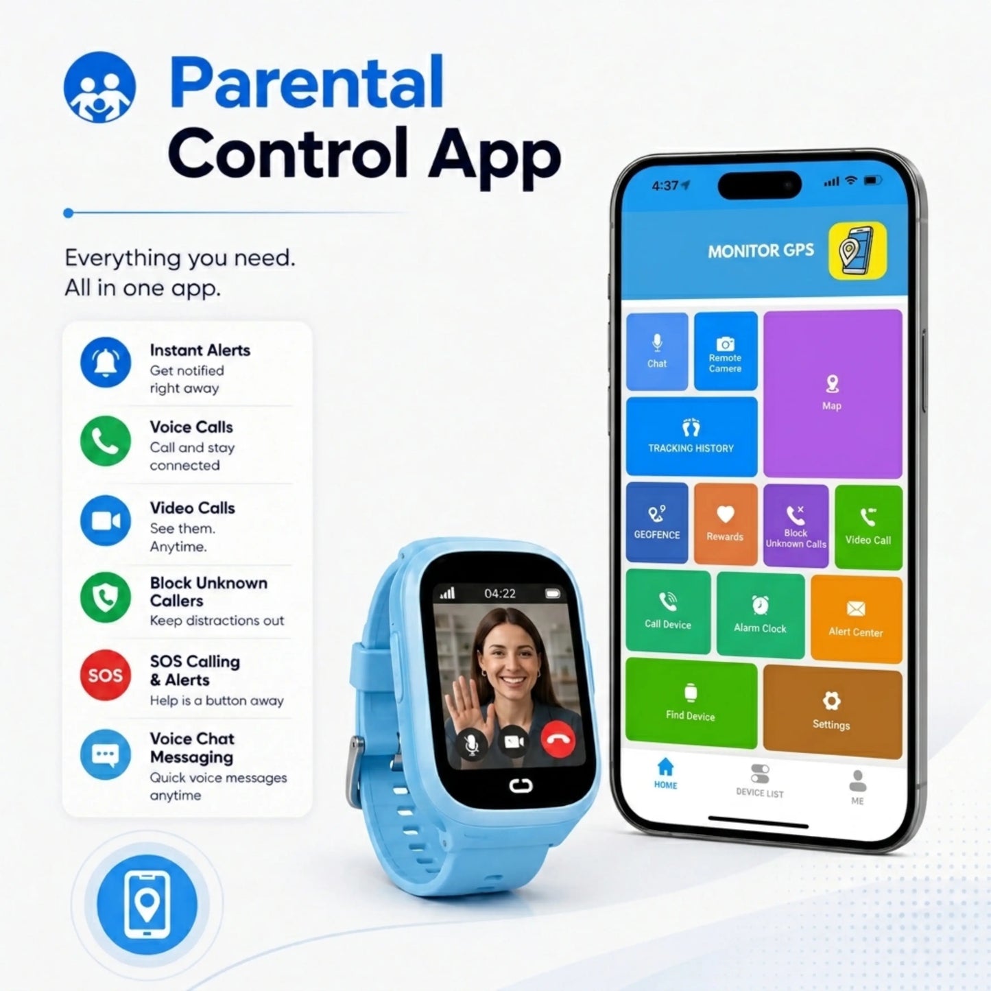 EmojiKidz parental control app for kids smartwatch with GPS tracking, calls, alerts, geofencing and SOS