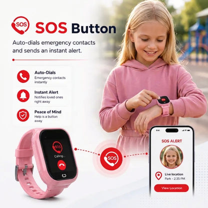 Girl using the SOS button on a pink EmojiKidz kids smartwatch to contact emergency contacts and send an alert.