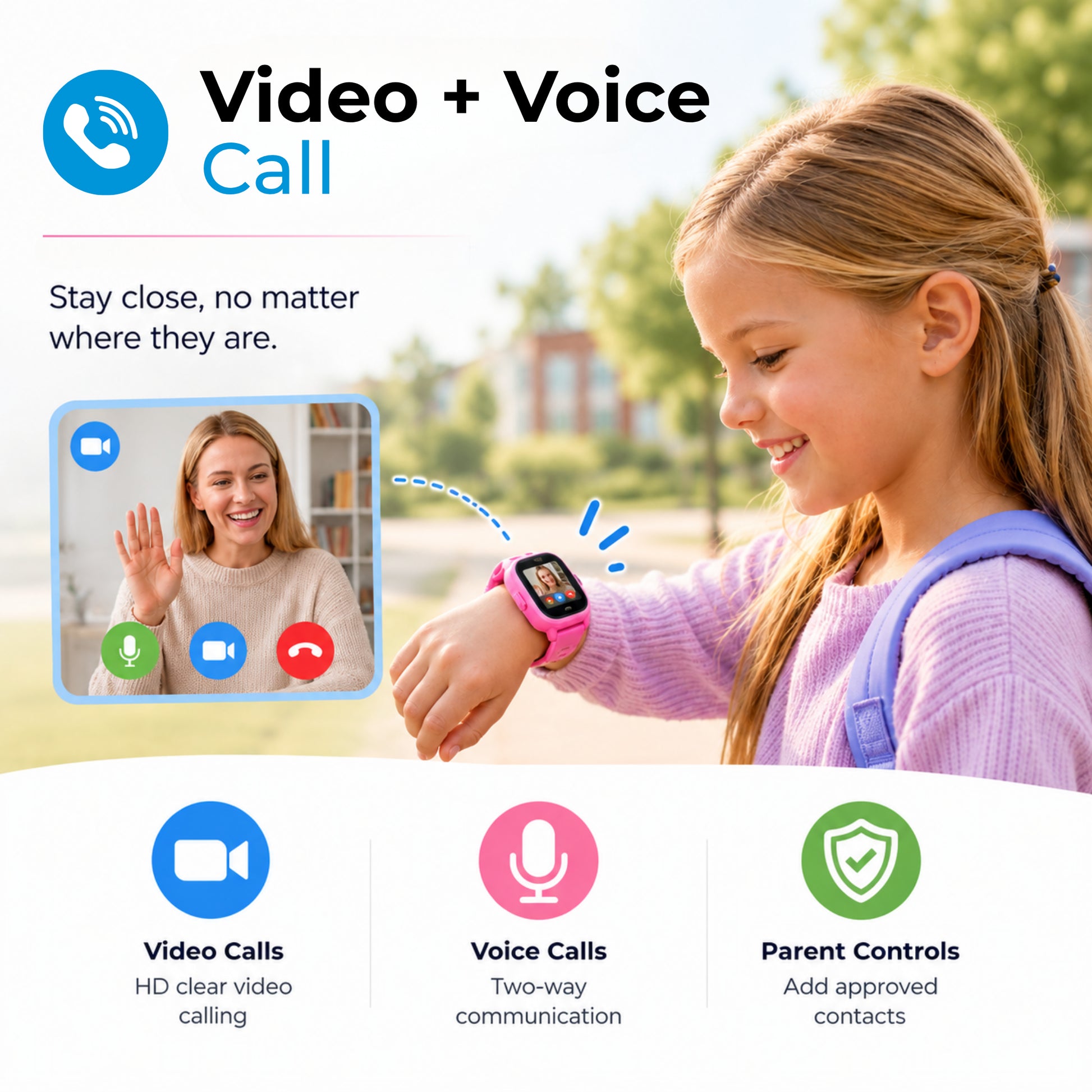 Girl using a pink EmojiKidz smartwatch for video and voice calls with approved family contacts.
