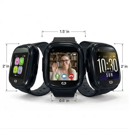 EmojiKidz Model M black kids smartwatch shown from multiple angles with watch dimensions and case measurements.