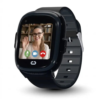Black EmojiKidz Model M kids smartwatch displaying a video call with a parent.