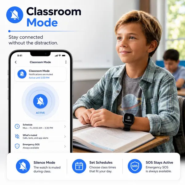 Student wearing an EmojiKidz Model M smartwatch while the parent app shows Classroom Mode active during school.