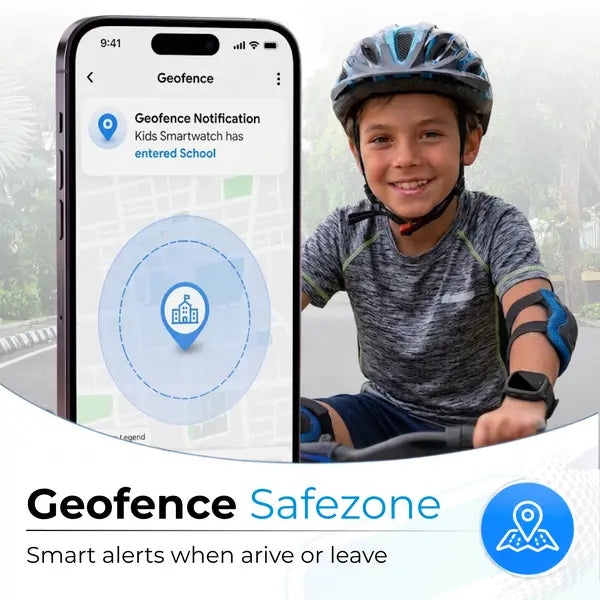 Child wearing an EmojiKidz Model M smartwatch beside a parent phone showing a school geofence notifi cation and safe zone.