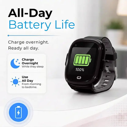 Black EmojiKidz Model M kids smartwatch showing a full battery for all-day use after overnight charging.