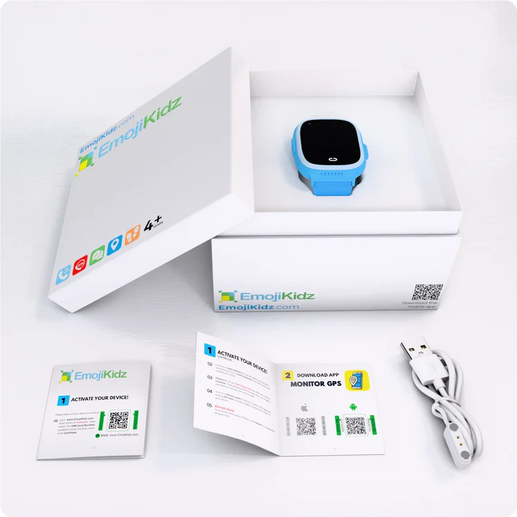 Emojikidz Model M kids smartwatch in black, blue, and pink with GPS tracking and video calling features, everything included