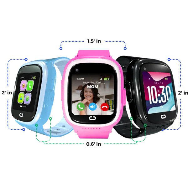 Emojikidz Model M kids smartwatch dimensions shown in blue, pink, and black color options