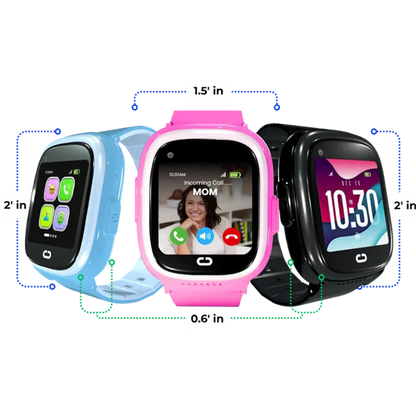 Emojikidz Model M kids smartwatch dimensions shown in blue, pink, and black color options