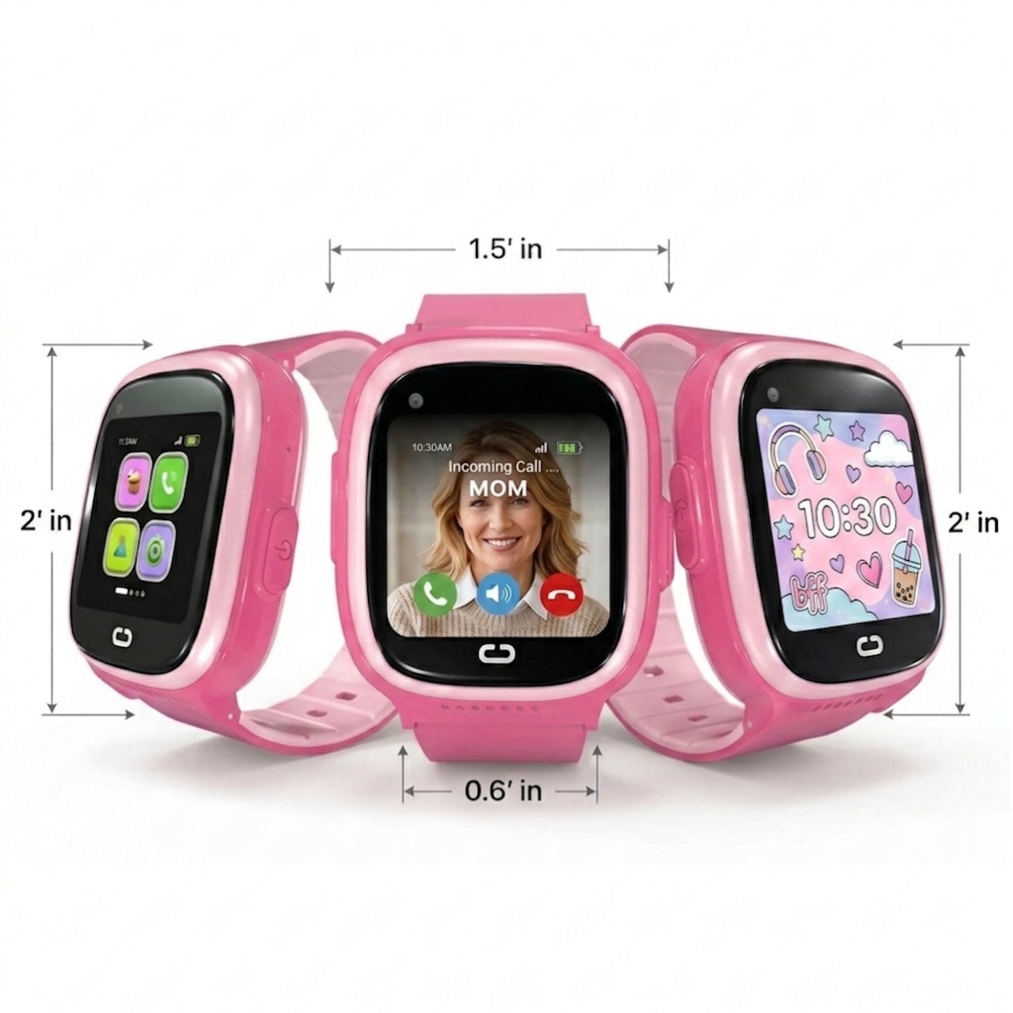 EmojiKidz Model M pink kids smartwatch size and dimensions showing the watch case and band measurements.