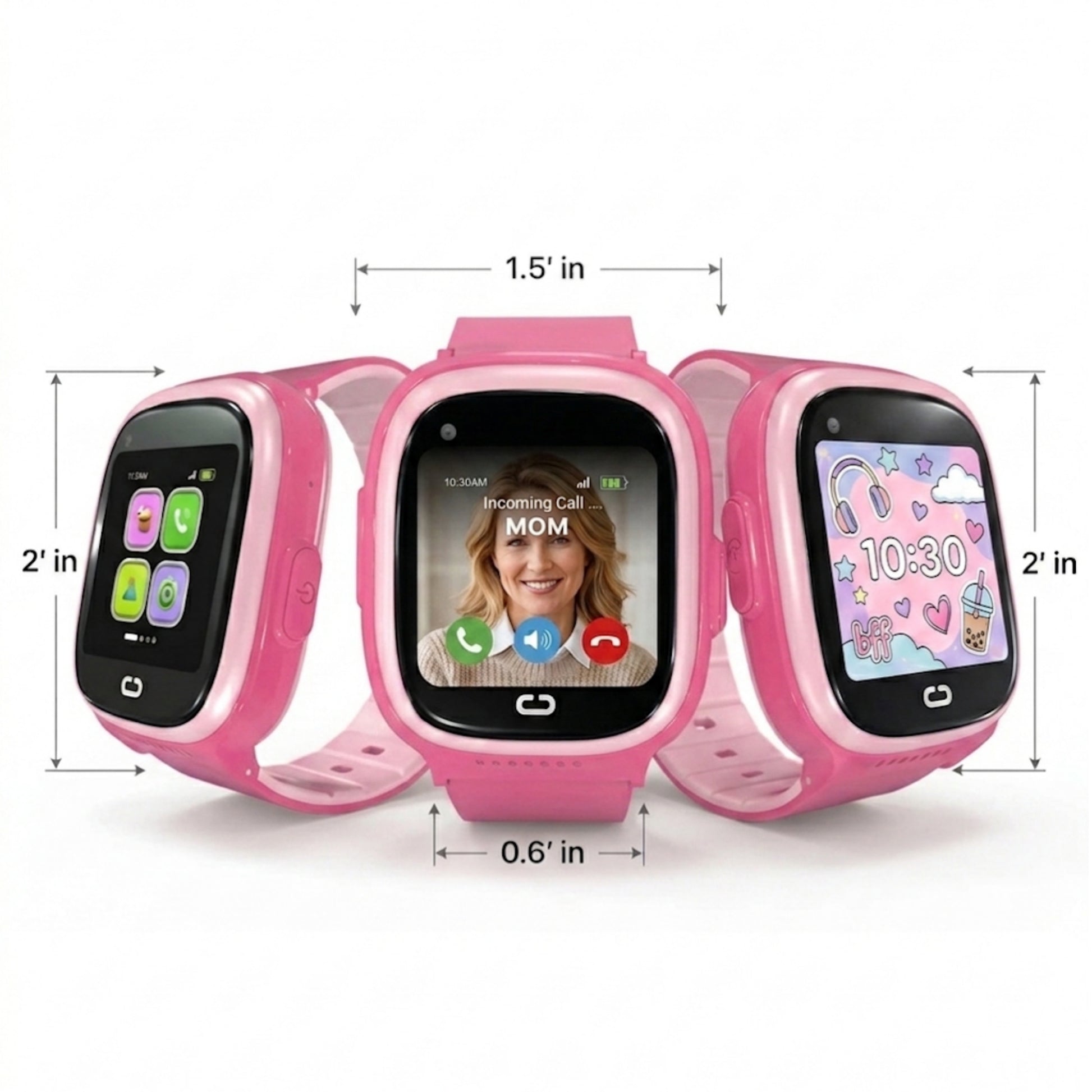 EmojiKidz Model M pink kids smartwatch size and dimensions showing the watch case and band measurements.