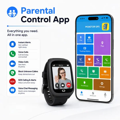 EmojiKidz Model M black smartwatch with the parent control app for GPS tracking, calling, alerts and contact management.