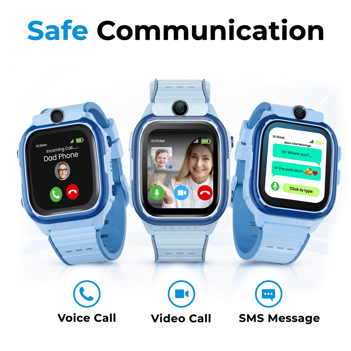 Blue EmojiKidz Model R child smartwatch featuring parent-controlled voice calls, video calling and secure messaging for safe family communication