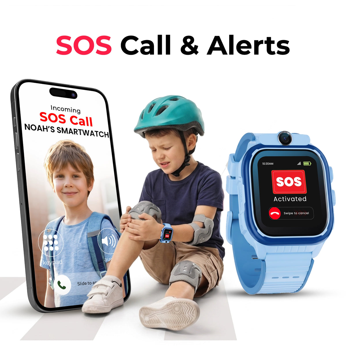 EmojiKidz Model R emergency SOS watch for kids showing one-press SOS calling and instant parent safety notifications for quick communication