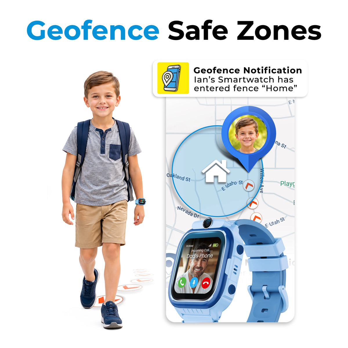 EmojiKidz Model R GPS tracker watch for kids showing geofence safe zone location monitoring and automatic parent arrival and departure alerts