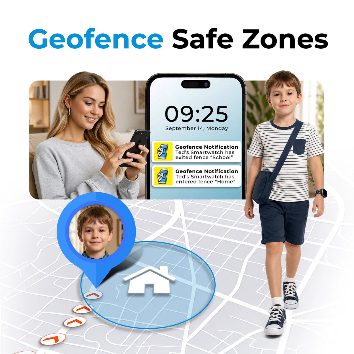 Black EmojiKidz Model T kids GPS smartwatch with geofence safe zones and school arrival and departure alerts managed through the parental control app