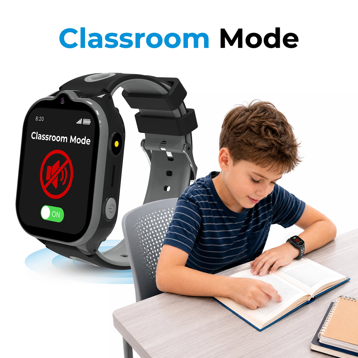 Black EmojiKidz Model T kids school smartwatch with scheduled Classroom Silence Mode for distraction-free learning while SOS safety features remain active