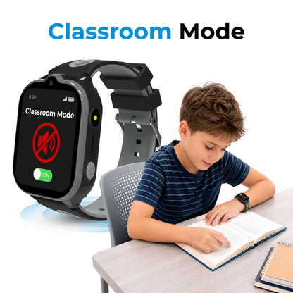 Black EmojiKidz Model T kids school smartwatch with scheduled Classroom Silence Mode for distraction-free learning while SOS safety features remain active