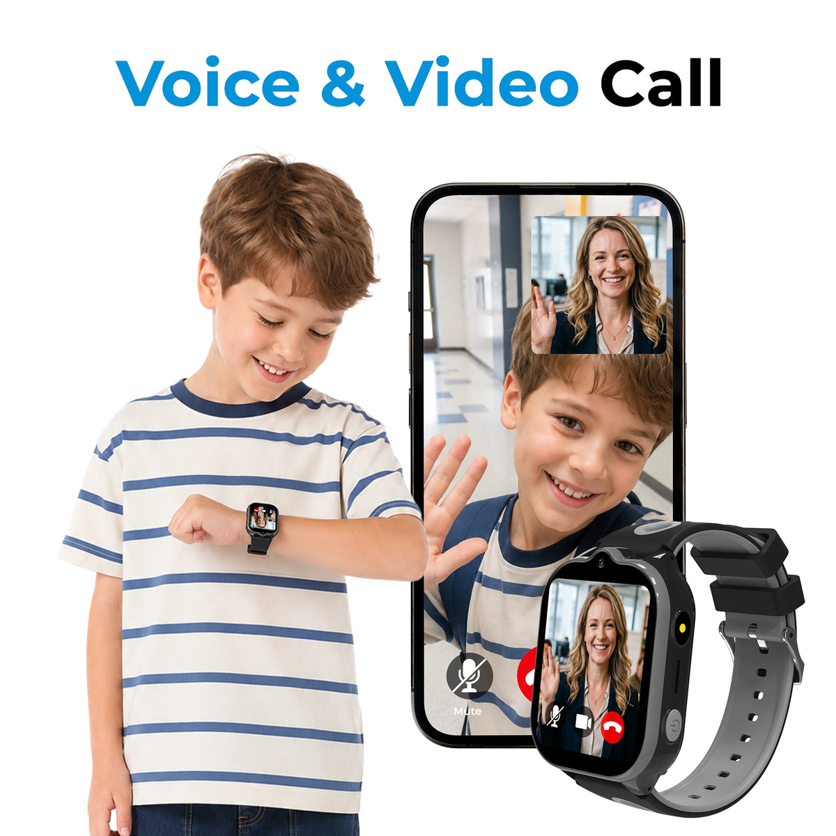 Black EmojiKidz Model T kids smartwatch with secure HD video and voice calling for parent-approved family contacts