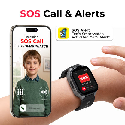 Black EmojiKidz Model T kids SOS GPS watch with one-touch emergency calling, instant parent alerts and live location for emergency contacts