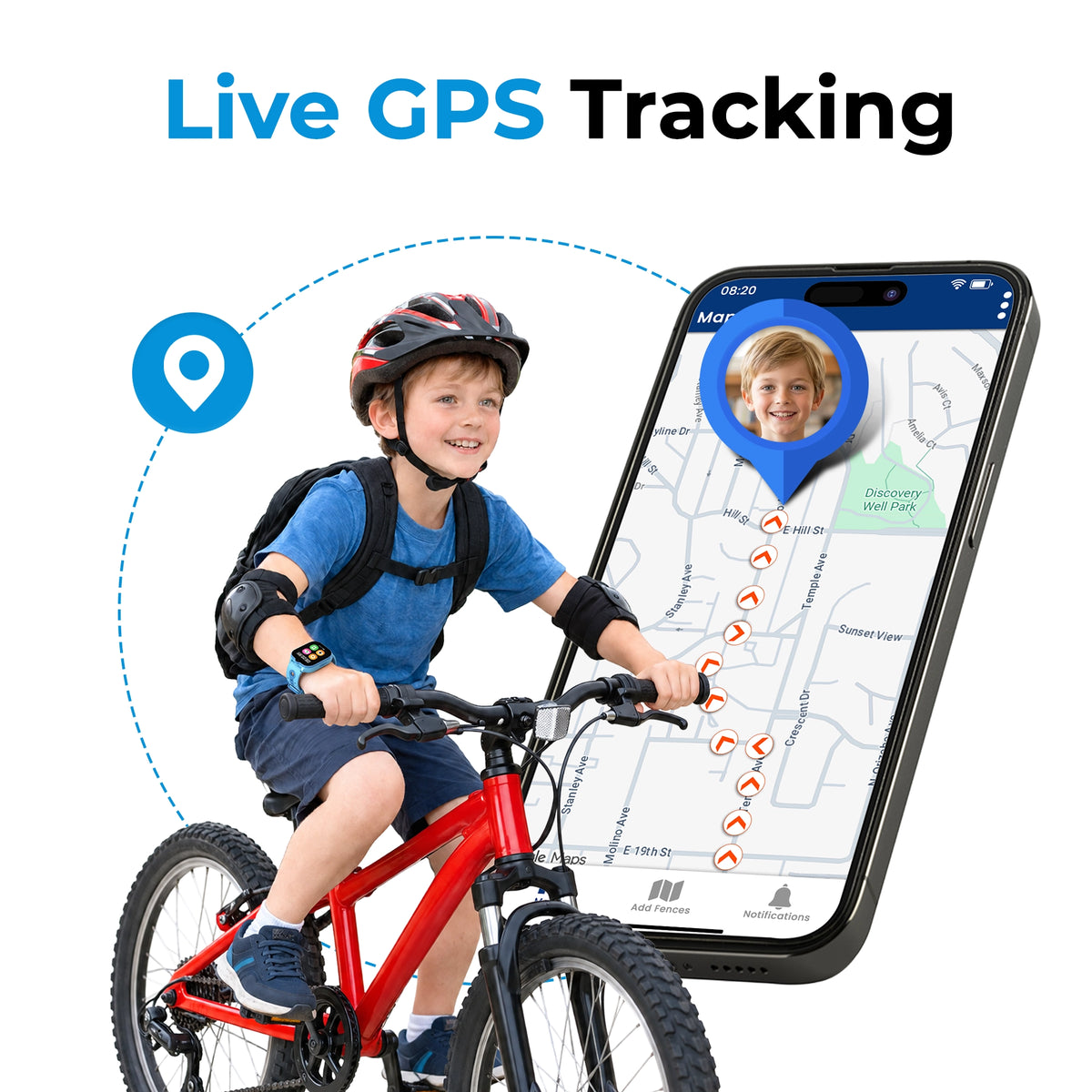 Blue EmojiKidz Model T child GPS tracker watch with real-time location monitoring through the parental app for school and everyday activities