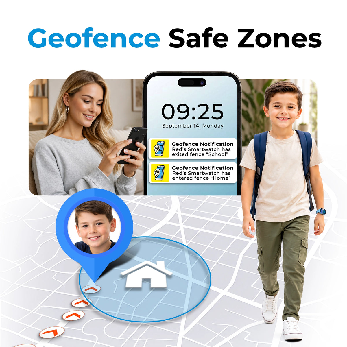 Blue EmojiKidz Model T kids GPS watch with geofence safe zones and parent notifi cations when a child arrives at or leaves school
