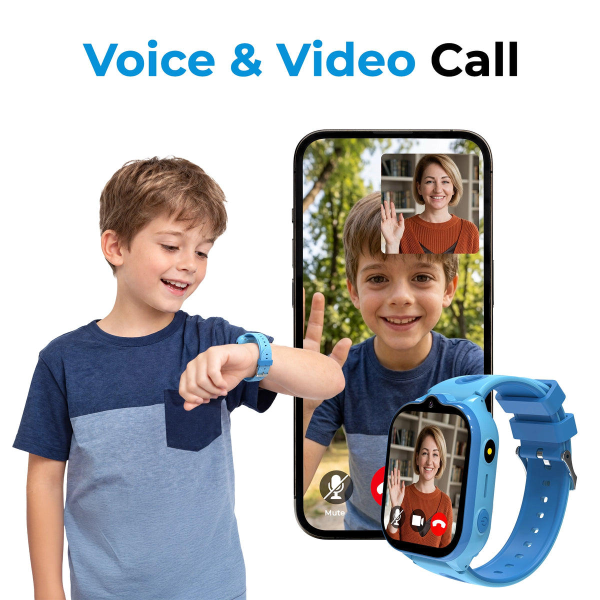 Blue EmojiKidz Model T 4G kids GPS smartwatch with 2.01-inch touchscreen and secure video calling for parent-connected communication