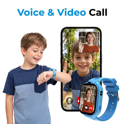 Blue EmojiKidz Model T 4G kids GPS smartwatch with 2.01-inch touchscreen and secure video calling for parent-connected communication